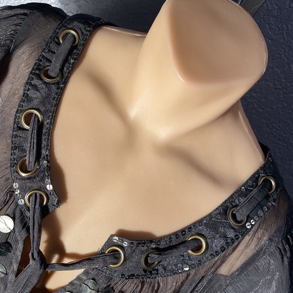 CECICO - sheer top: grey short ruffle sleeves, gold sequins & neck tie - L - Picture 12 of 16